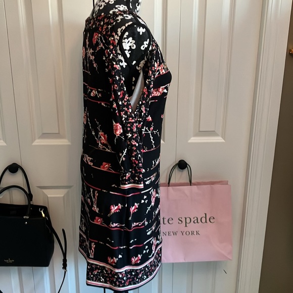 WHBM cold shoulder raglan sleeve black dress with pink floral striped design - Picture 6 of 15